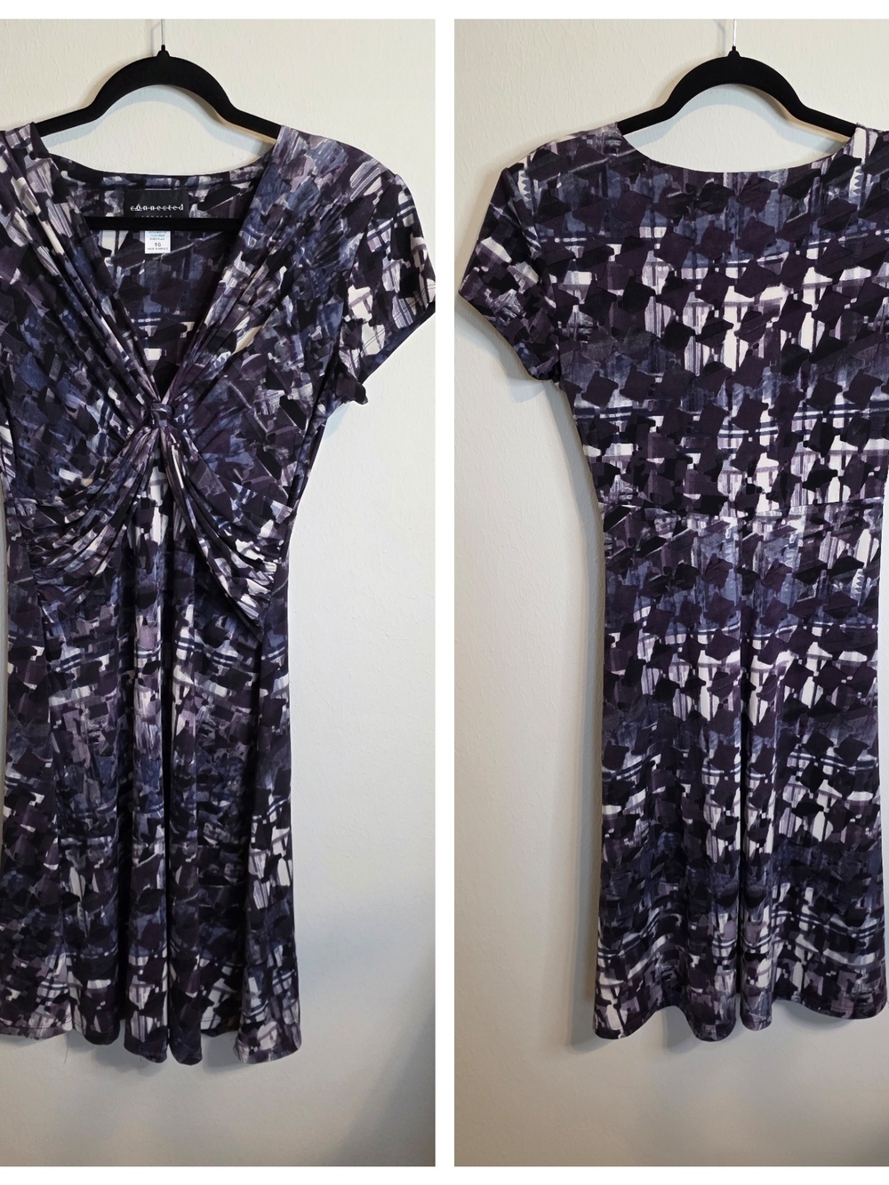Connected Apparel Purple & White Abstract Knot-Front Midi Dress